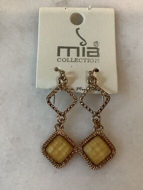 MIA Collection Gold-Tone Drop Earrings with Yellow Cabochons, Brand New